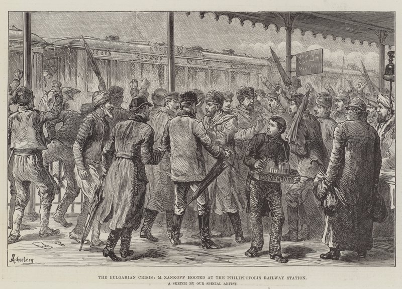 La crisis búlgara, M Zankoff abucheado en la estación de tren de Philippopolis de Johann Nepomuk Schonberg