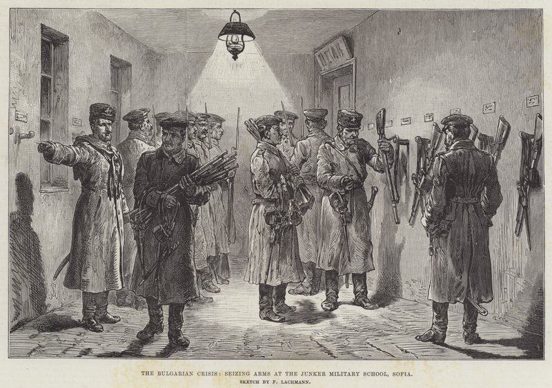La crisis búlgara, incautación de armas en la Escuela Militar Junker, Sofía de Johann Nepomuk Schonberg