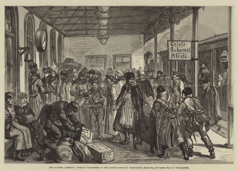 La cuestión oriental, voluntarios rusos en la estación de tren, Paschkanyi, Moldavia, en su camino al Danubio de Johann Nepomuk Schonberg