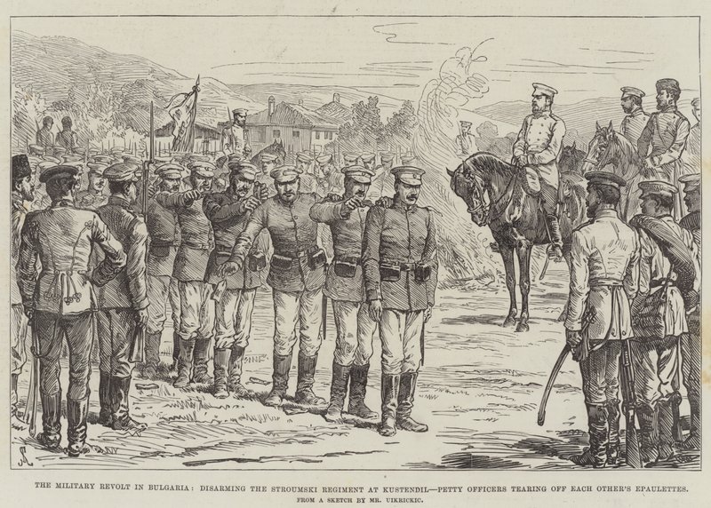 La Revuelta Militar en Bulgaria, desarmando al Regimiento Stroumski en Kustendil, Suboficiales arrancándose las Charreteras de Johann Nepomuk Schonberg