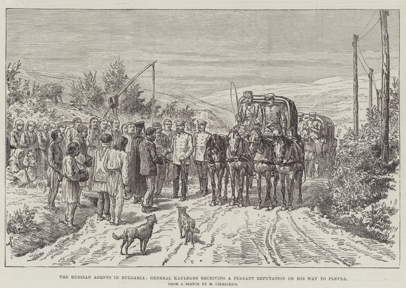 Los agentes rusos en Bulgaria, el general Kaulbars recibiendo una delegación de campesinos en su camino a Plevna de Johann Nepomuk Schonberg
