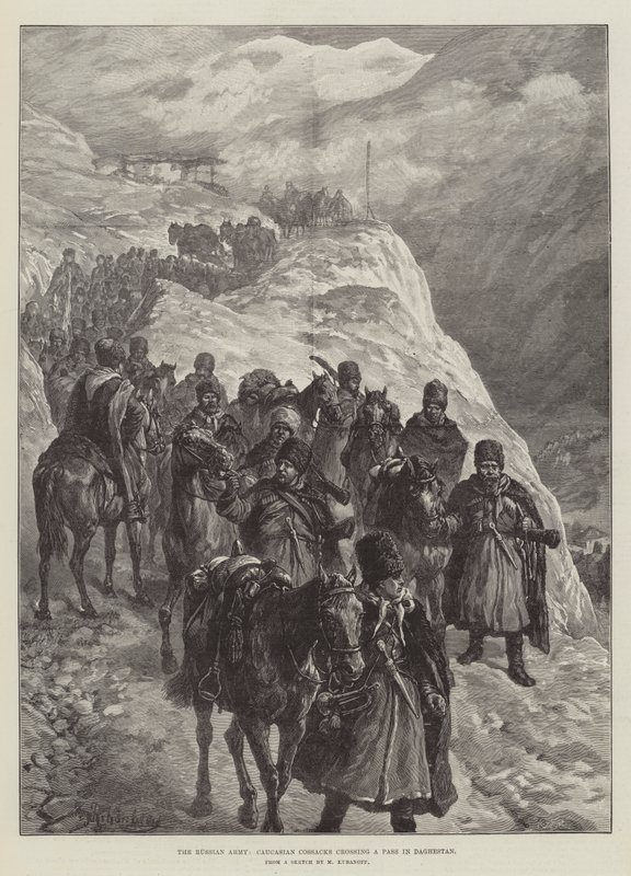 El ejército ruso, cosacos caucásicos cruzando un paso en Daguestán de Johann Nepomuk Schonberg
