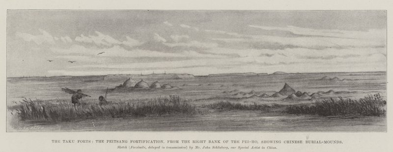 Los Fuertes de Taku, la Fortificación de Peitsang, desde la Orilla Derecha del Pei-ho, mostrando Tumbas Chinas de Johann Nepomuk Schonberg