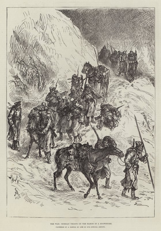 La guerra, tropas rusas marchando en una tormenta de nieve de Johann Nepomuk Schonberg