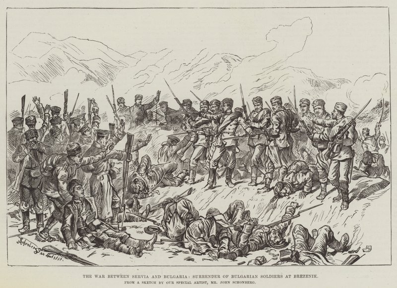 La guerra entre Serbia y Bulgaria, rendición de soldados búlgaros en Brezenik de Johann Nepomuk Schonberg