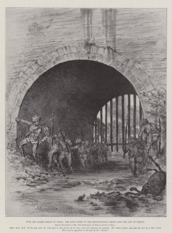 Con las fuerzas aliadas en China, la primera entrada de las tropas británico-indias en la ciudad de Pekín de Johann Nepomuk Schonberg