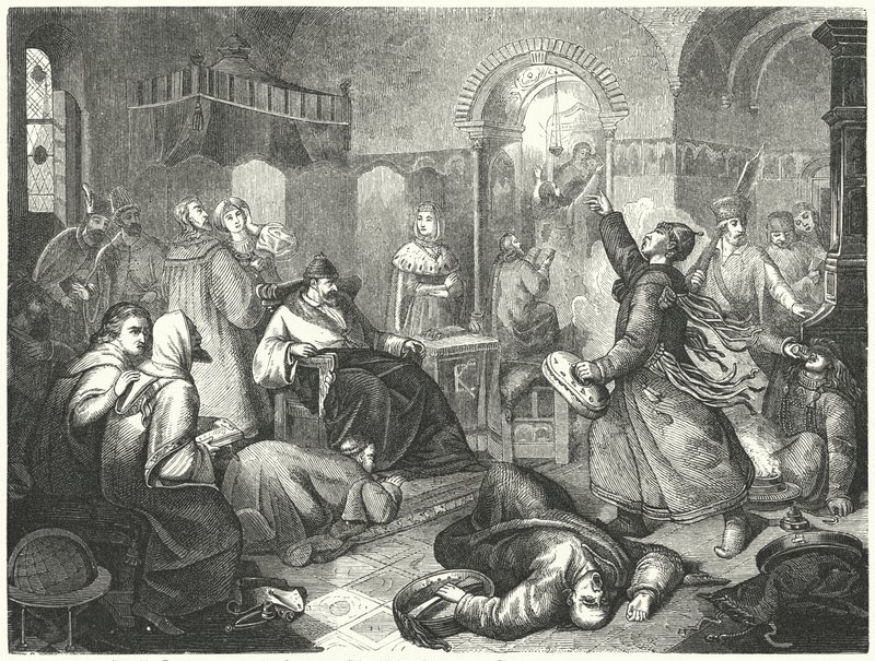 Un hechicero finlandés prediciendo la muerte inminente de Iván el Terrible de Johann Karl Baehr