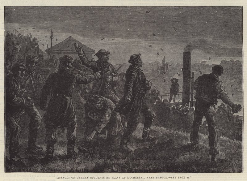 Asalto a estudiantes alemanes por eslavos en Kuchelbad, cerca de Praga de Johann Nepomuk (after) Schonberg