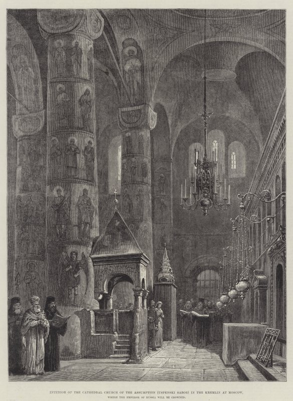Interior de la Catedral de la Asunción (Uspenski Sabor) en el Kremlin de Moscú, donde será coronado el emperador de Rusia de Johann Nepomuk Schonberg