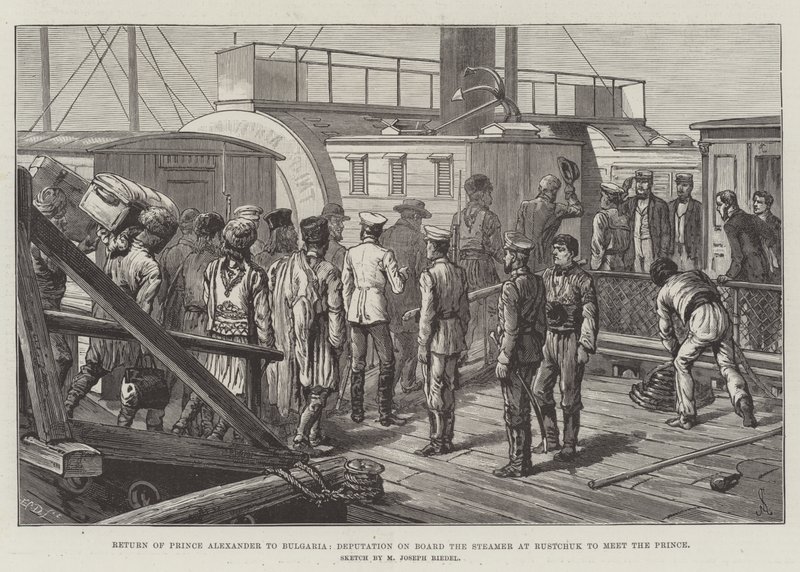 Regreso del Príncipe Alejandro a Bulgaria, Delegación a Bordo del Vapor en Rustchuk para recibir al Príncipe de Johann Nepomuk Schonberg