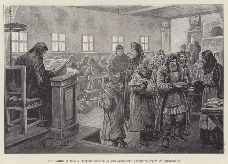 La hambruna en Rusia, repartiendo sopa en el Convento Alexander Nevsky, San Petersburgo de Johann Nepomuk Schonberg