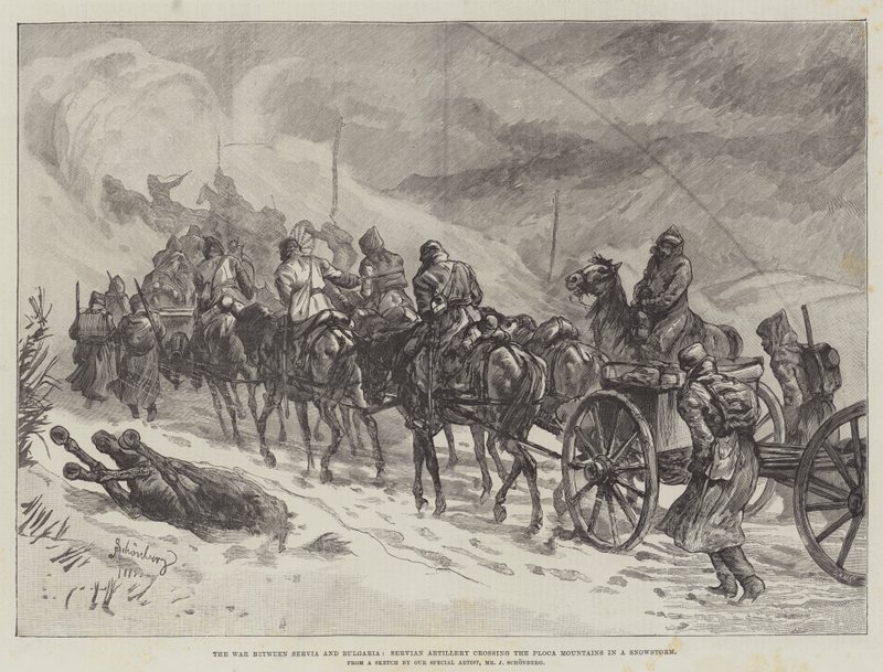La guerra entre Serbia y Bulgaria, artillería serbia cruzando las montañas Ploca en una tormenta de nieve de Johann Nepomuk Schonberg