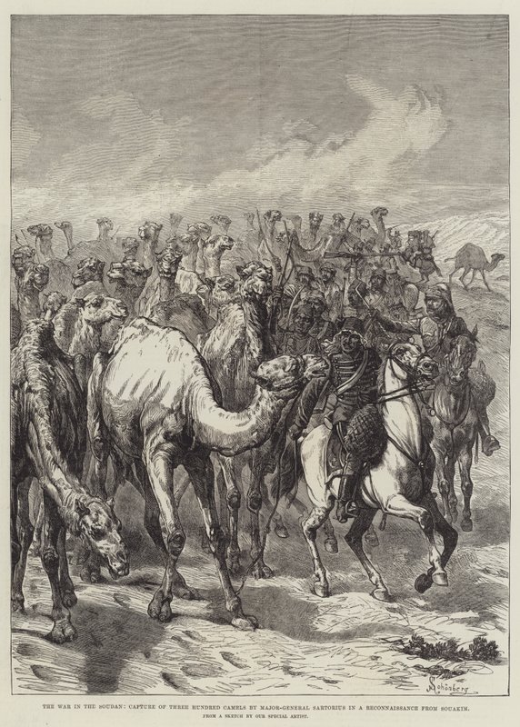 La guerra en Sudán, captura de trescientos camellos por el General de División Sartorius en un reconocimiento desde Souakim de Johann Nepomuk Schonberg