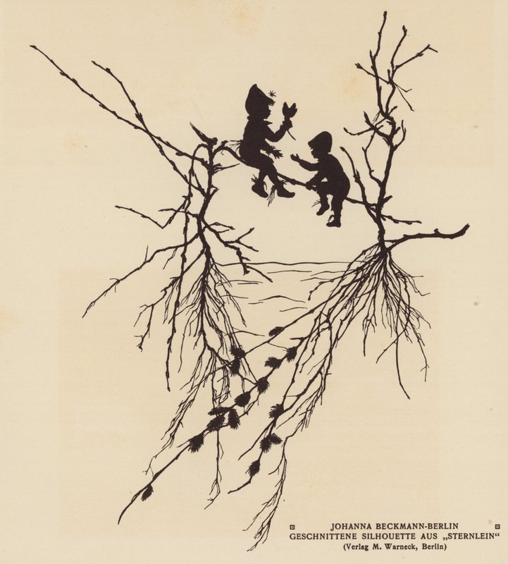 Silueta de dos figuras sentadas en una rama (litografía) de Johanna Beckmann