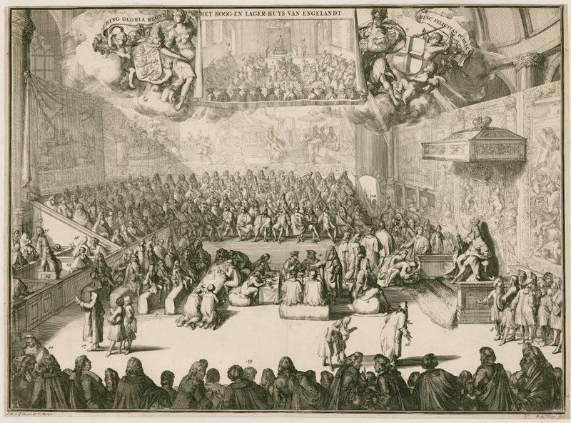Una sesión en la Cámara de los Comunes con Jorge II en el trono de Johannes and Mortier, Cornelis Covens