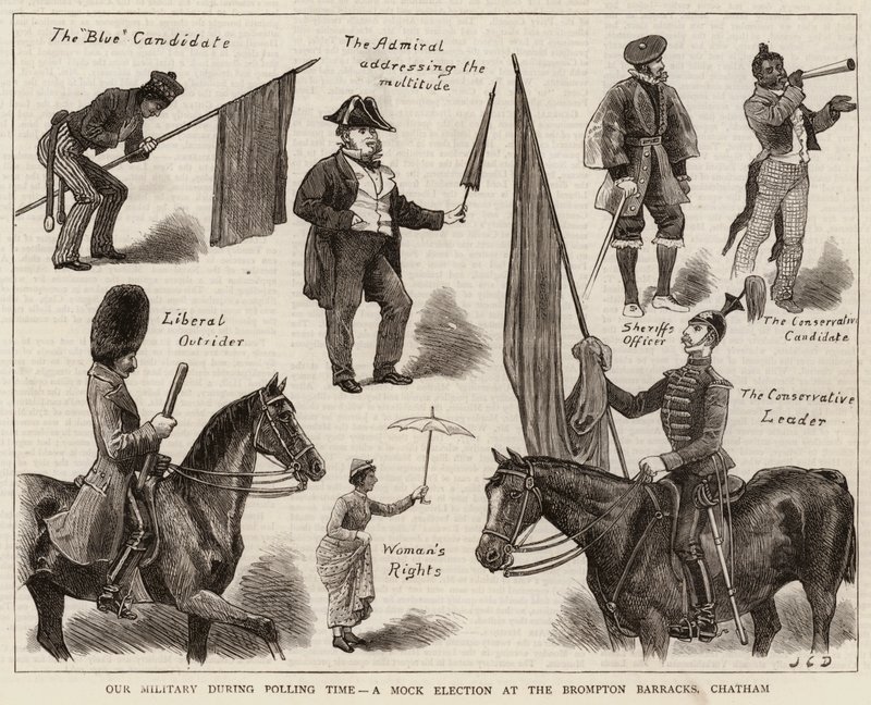 Nuestro ejército durante el tiempo de votación, una elección simulada en los cuarteles de Brompton, Chatham de John Charles Dollman