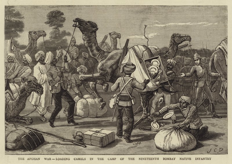 La guerra afgana, cargando camellos en el campamento de la Decimonovena Infantería Nativa de Bombay de John Charles Dollman