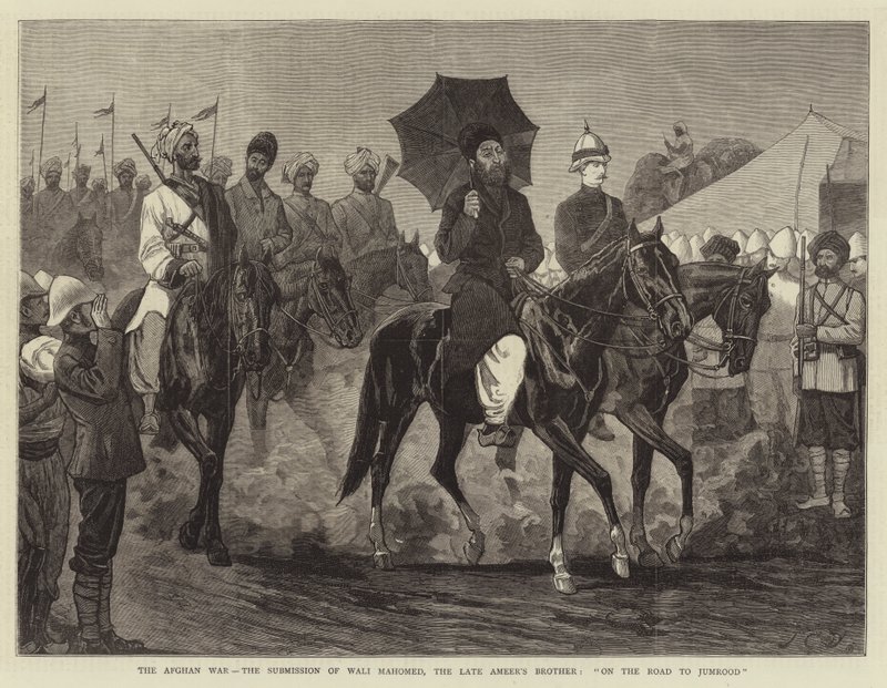 La guerra afgana, la sumisión de Wali Mahomed, el hermano del difunto emir, en el camino a Jumrood de John Charles Dollman
