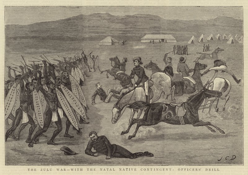 La guerra zulú, con el contingente nativo de Natal, ejercicio de oficiales de John Charles Dollman