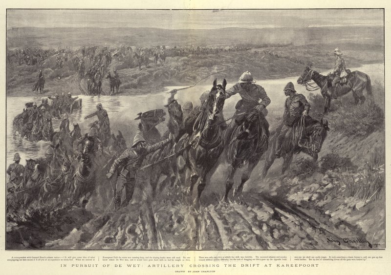 En persecución de De Wet, artillería cruzando el Drift en Kareepoort de John Charlton