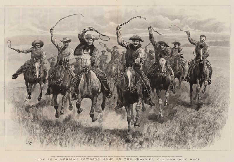Vida en un campamento de vaqueros mexicanos en las praderas, la carrera de los vaqueros de John Charlton