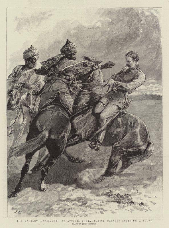 Las maniobras de caballería en Attock, India, caballería nativa deteniendo a un explorador de John Charlton