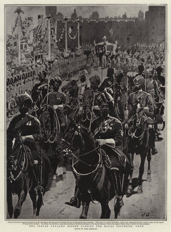 La escolta de caballería india pasando por el Club de las Sociedades Reales de John Charlton