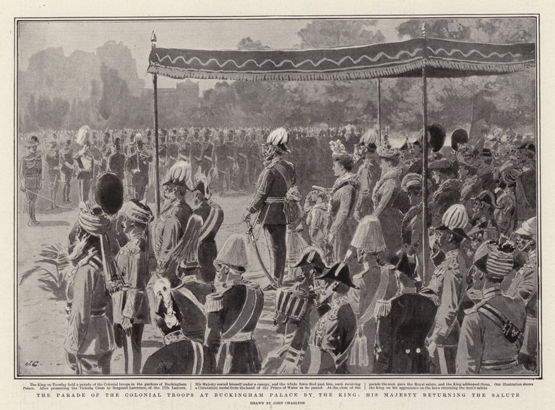 El desfile de las tropas coloniales en el Palacio de Buckingham por el Rey, Su Majestad devolviendo el saludo de John Charlton