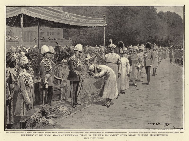 La revisión de las tropas indias en el Palacio de Buckingham por el Rey, Su Majestad entregando medallas a los representantes indios de John Charlton