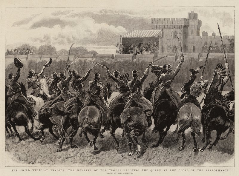 El Salvaje Oeste en Windsor, los miembros de la compañía saludando a la Reina al final de la actuación de John Charlton