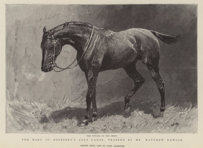 El ganador del Derby, el potro Ladas del Conde de Rosebery, entrenado por el Sr. Matthew Dawson de John Charlton