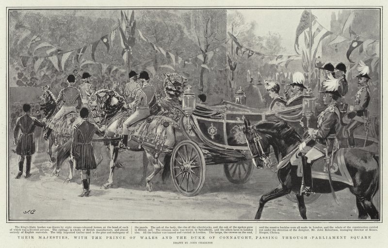Sus Majestades, con el Príncipe de Gales y el Duque de Connaught, pasando por Parliament Square de John Charlton