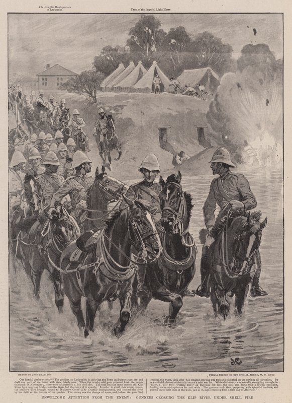 Atención no deseada del enemigo, artilleros cruzando el río Klip bajo fuego de artillería de John Charlton
