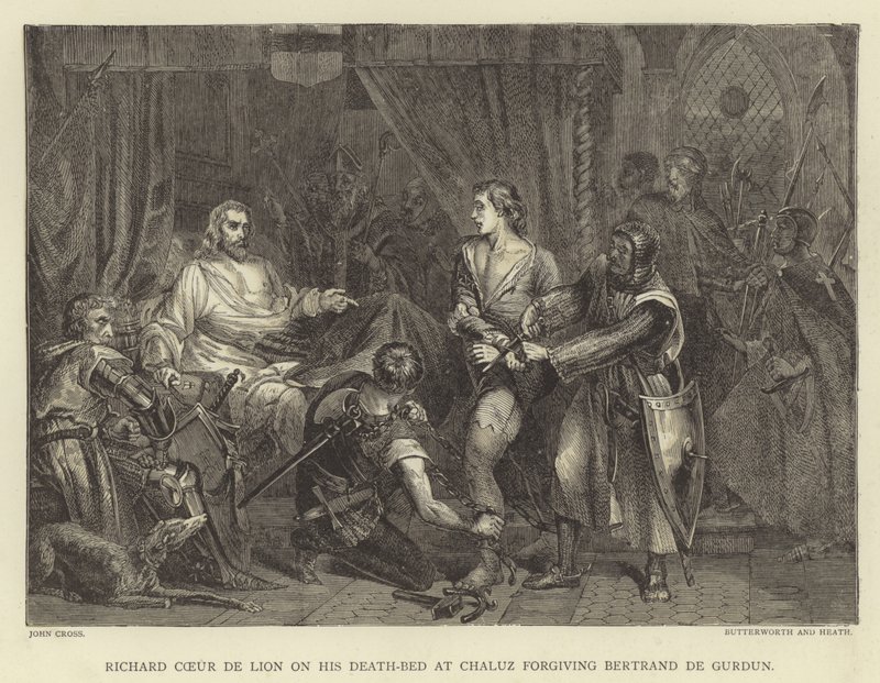 Ricardo Corazón de León en su lecho de muerte en Chaluz perdonando a Bertrand de Gurdun de John Cross