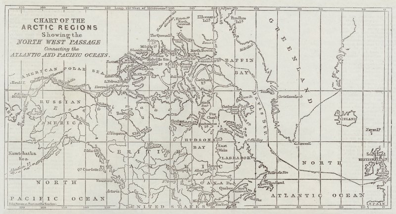 Mapa de las regiones árticas mostrando el Paso del Noroeste que conecta los océanos Atlántico y Pacífico de John Dower