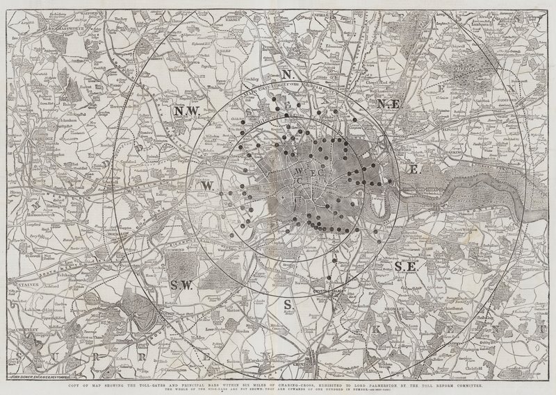 Copia del mapa que muestra las puertas de peaje y las barras principales dentro de seis millas de Charing-Cross, exhibido a Lord Palmerston por el Comité de Reforma del Peaje de John Dower