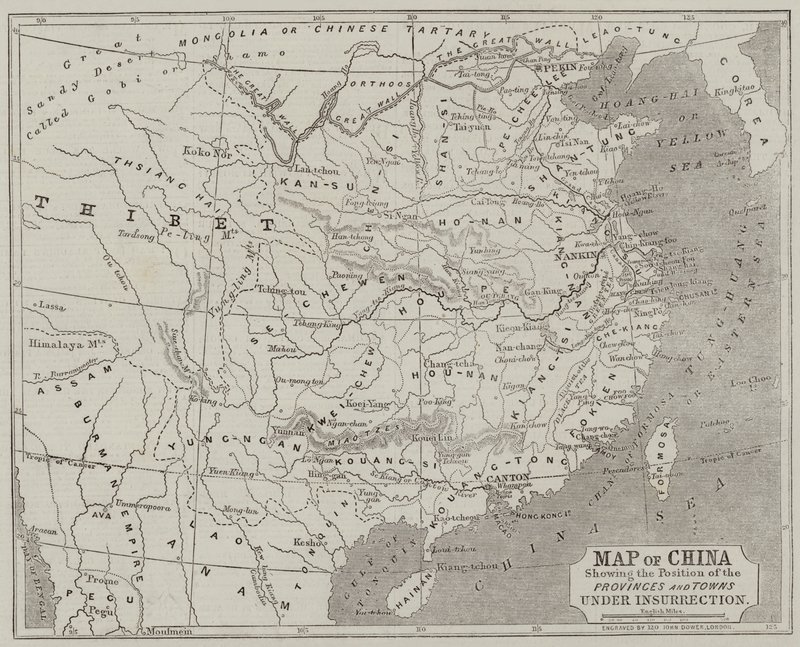Mapa de China mostrando la posición de las provincias y ciudades bajo insurrección de John Dower