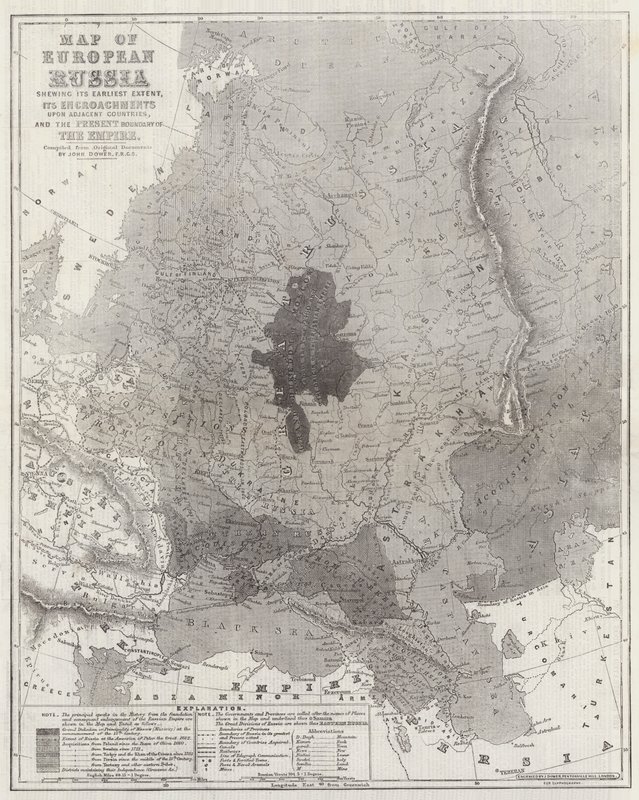 Mapa de Rusia Europea mostrando su extensión más temprana, sus avances sobre países adyacentes y la frontera actual del Imperio de John Dower