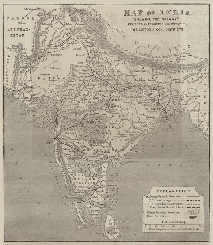Mapa de la India, mostrando los ferrocarriles terminados, en progreso e intencionados, los distritos de algodón y carbón de John Dower