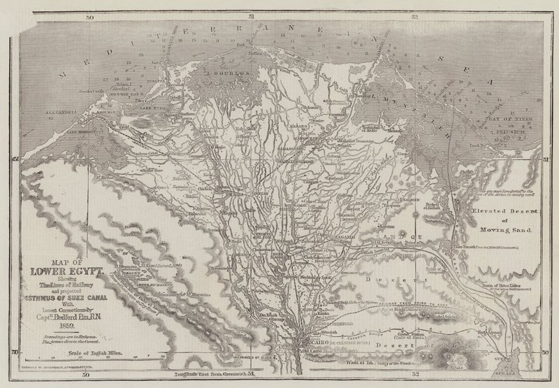 Mapa del Bajo Egipto, mostrando las líneas de ferrocarril y el proyectado Canal de Suez de John Dower