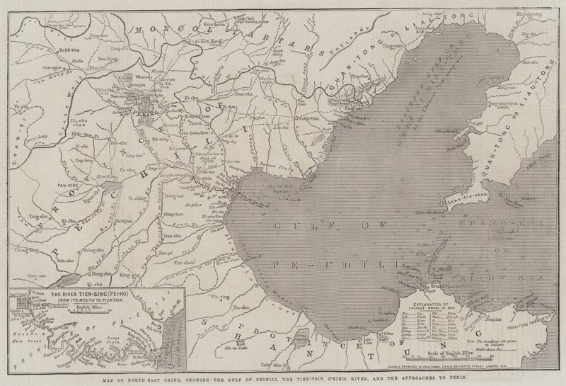Mapa del noreste de China, mostrando el Golfo de Pechili, el río Tien-Tsin (Peiho) y los accesos a Pekín de John Dower