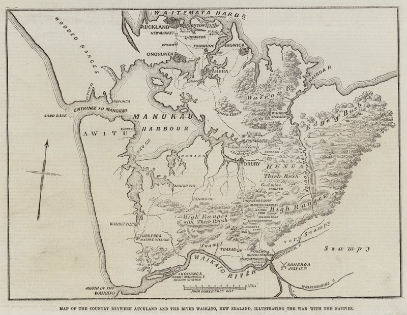 Mapa del país entre Auckland y el río Waikato, Nueva Zelanda, ilustrando la guerra con los nativos de John Dower