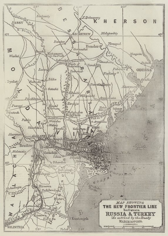 Mapa que muestra la nueva línea fronteriza entre Rusia y Turquía según lo establecido por el Tratado, 30 de marzo de 1856 de John Dower