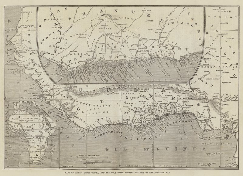 Mapas de África, Alta Guinea y la Costa de Oro, mostrando el Sitio de la Guerra Ashantee de John Dower