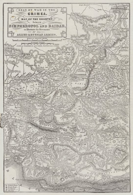 Teatro de guerra en Crimea, mapa del país entre Simpheropol y Baidar para ilustrar los movimientos de los ejércitos aliados y rusos de John Dower