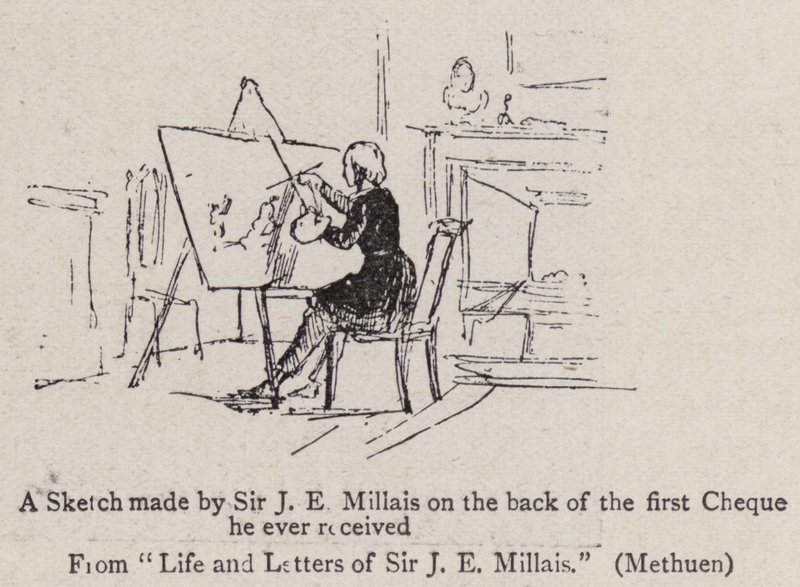 Un boceto hecho por Sir J E Millais en el reverso del primer cheque que recibió de John Everett Millais