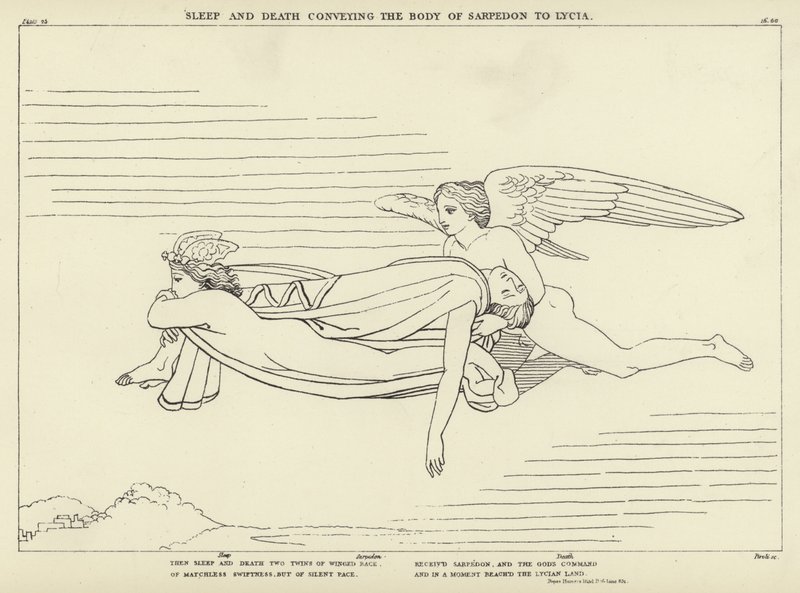 El Sueño y la Muerte llevando el cuerpo de Sarpedón a Licia de John Flaxman