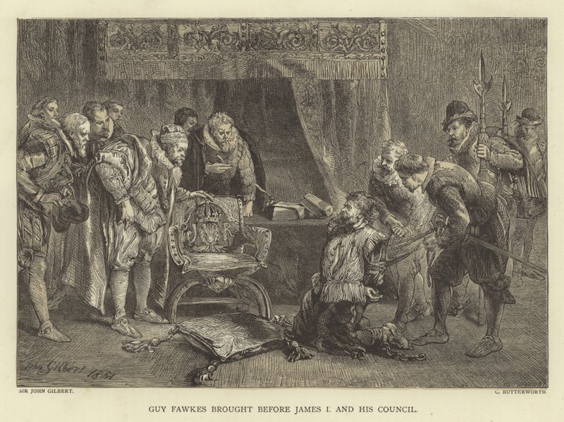 Guy Fawkes llevado ante Jacobo I y su consejo de John Gilbert