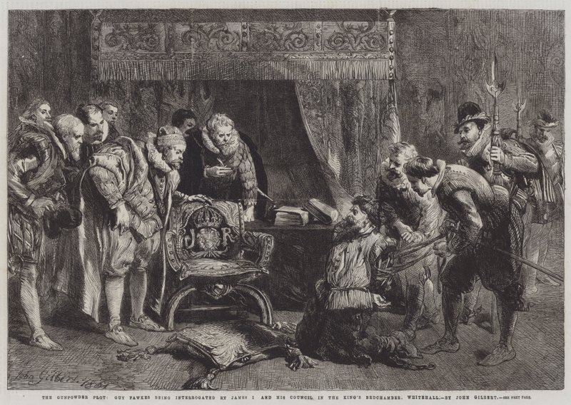 La Conspiración de la Pólvora, Guy Fawkes siendo interrogado por James I y su Consejo en la Cámara del Rey, Whitehall de John Gilbert