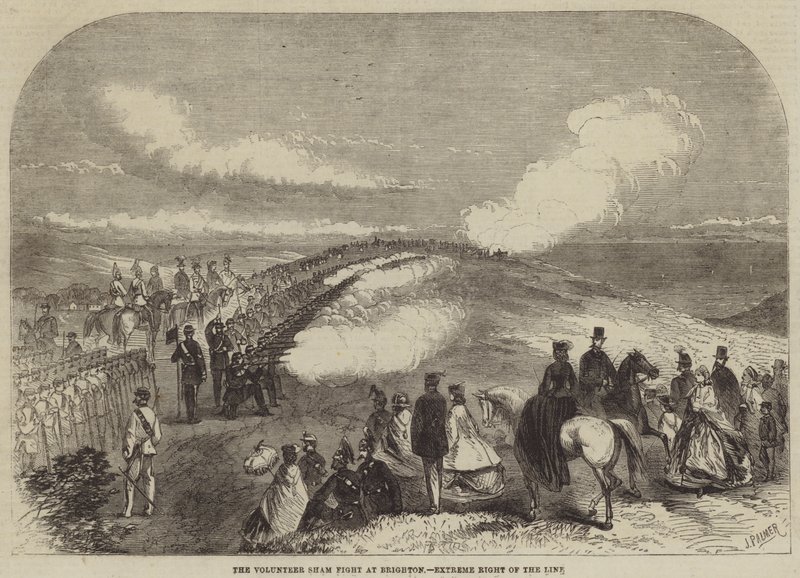 La simulación de combate de voluntarios en Brighton, extremo derecho de la línea de John Palmer